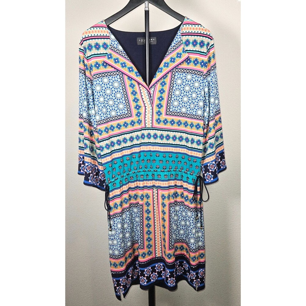 Laundry‎ By Shelli Segal Dress Small Blue Boho Geometric Tie Waist Shift Midi
